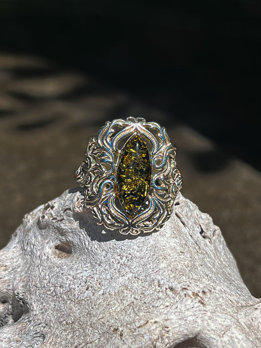 Green Amber Art Nouveau Ring