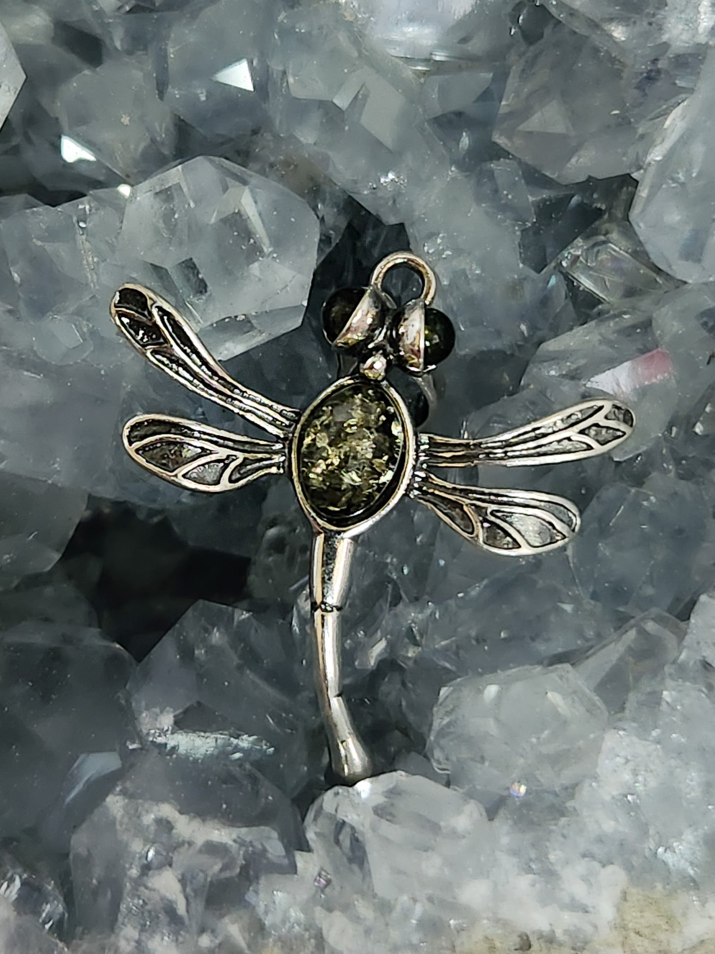 Green Amber Dragonfly Pendant