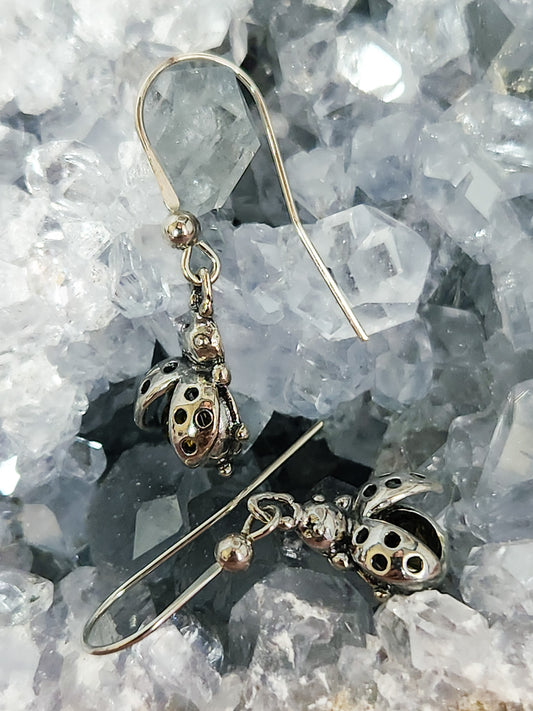 Green Amber Ladybug Dangle Earrings