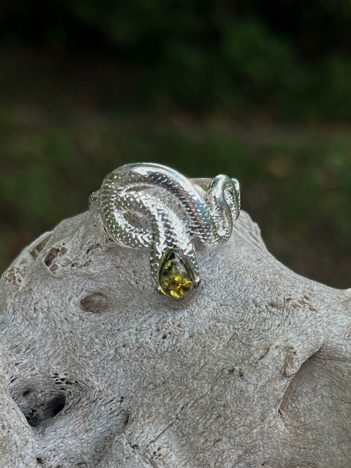 Green Amber Snake Ring (Bright Sterling Silver)