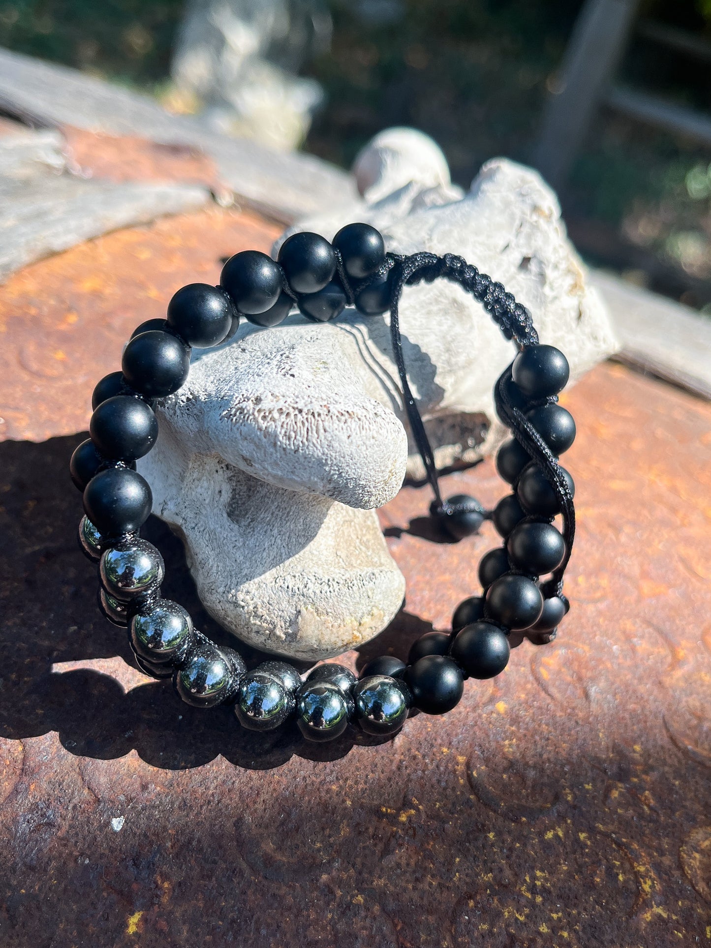 Hematite & Black Obsidian 8mm Woven Adjustable Bracelet