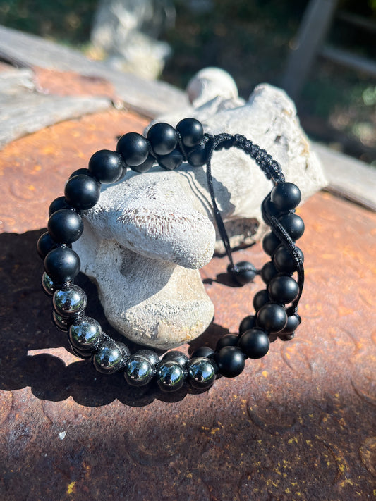 Hematite & Black Obsidian 8mm Woven Adjustable Bracelet