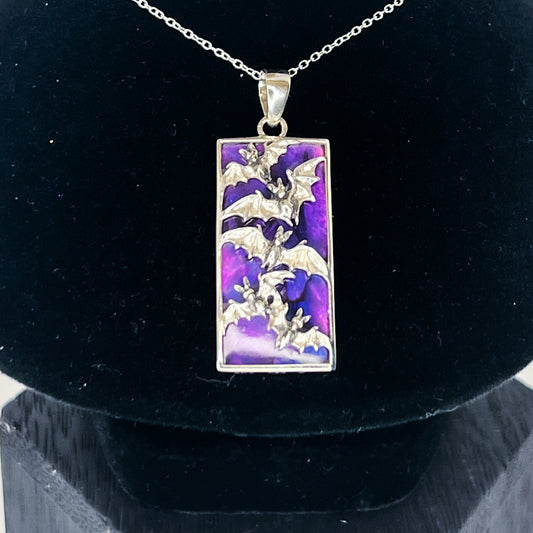 Sterling Silver Bats on Purple Shell Rectangular Pendant
