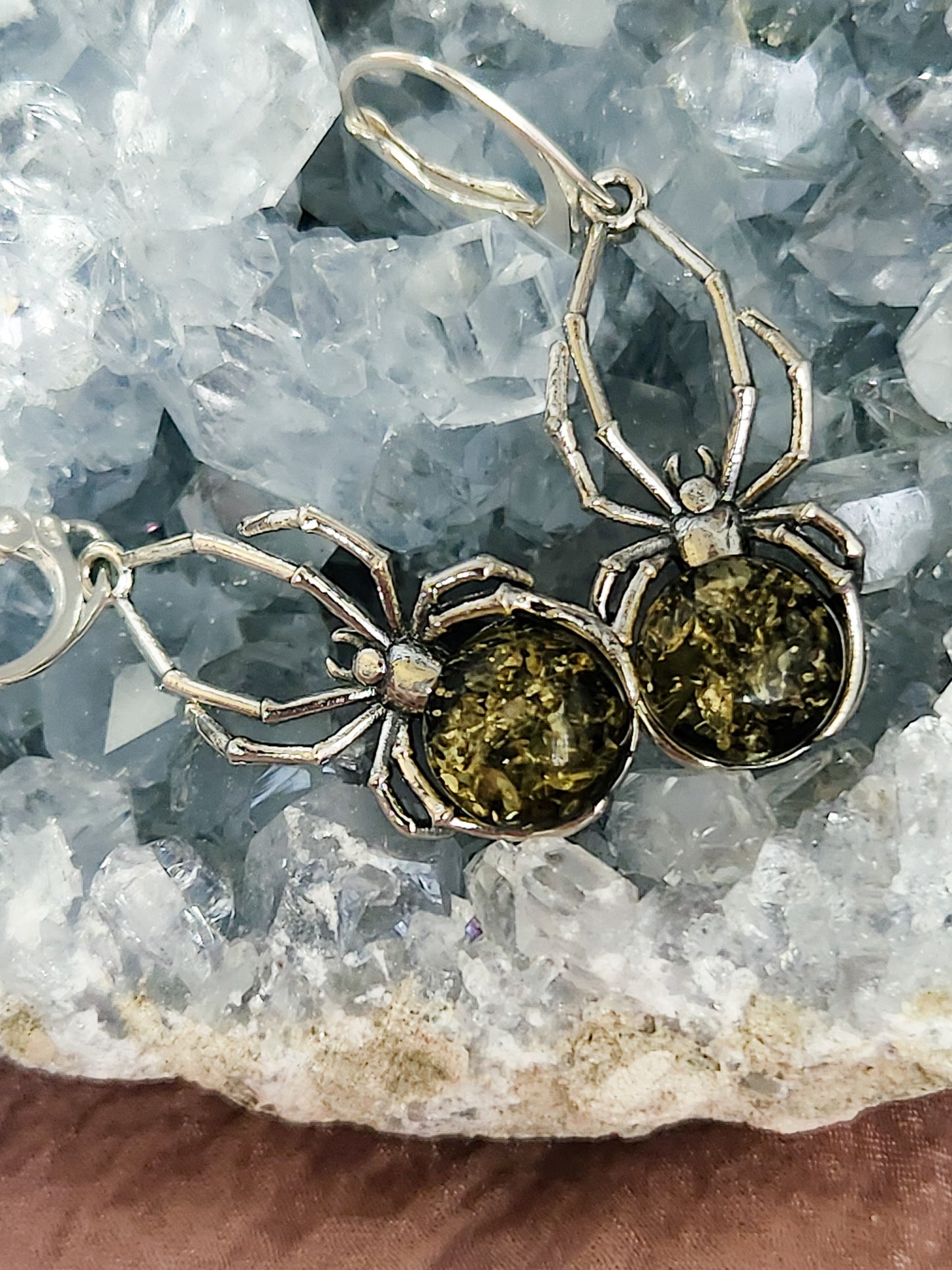 Large Green Amber Spider Dangle Earrings