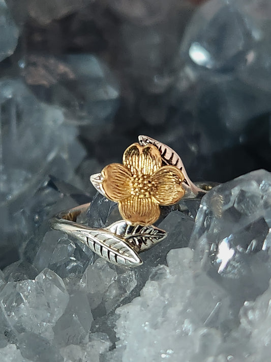 Mixed Metal Adjustable Dogwood Flower and Leaves Ring