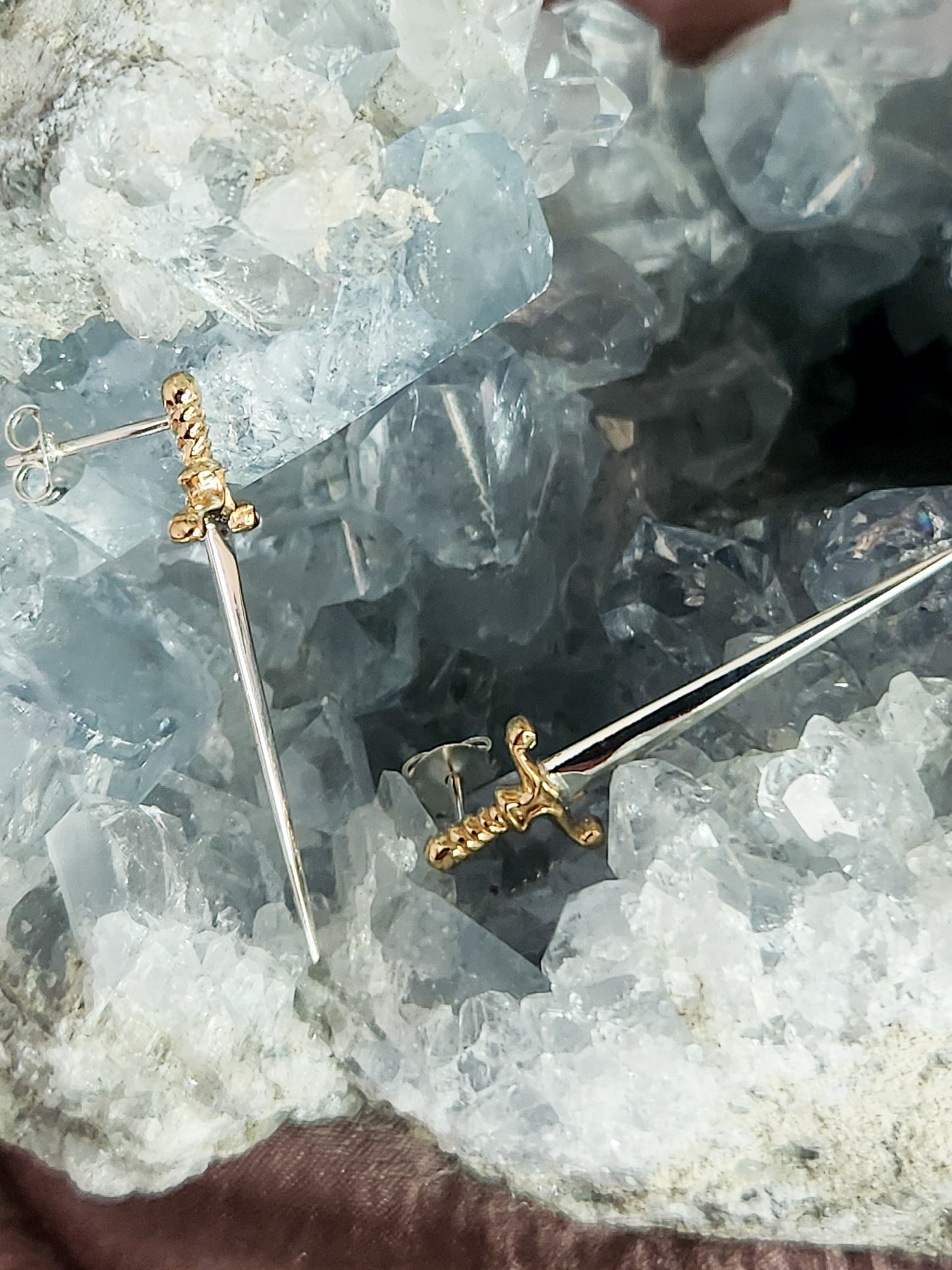 Post Sword Earrings Silver and Bronze