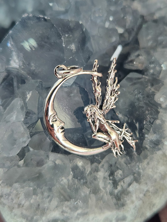 Small Fairy On Moon Sterling Silver Pendant