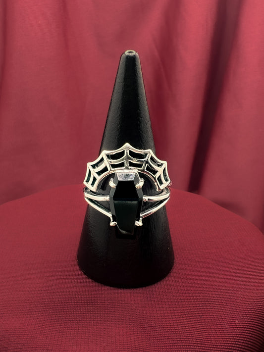 Spiderweb And Onyx Coffin Ring