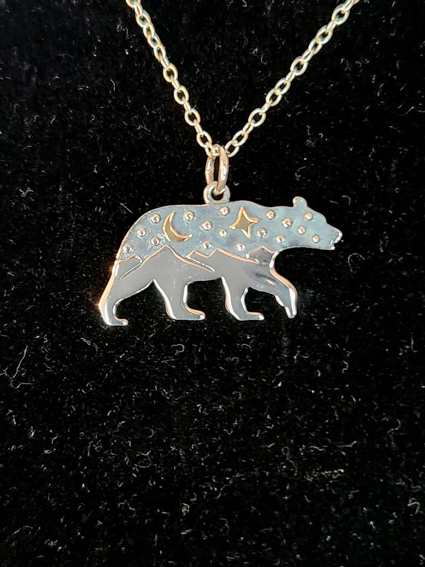 Sterling Silver 18 Inch Bear Charm Necklace with Bronze Moon