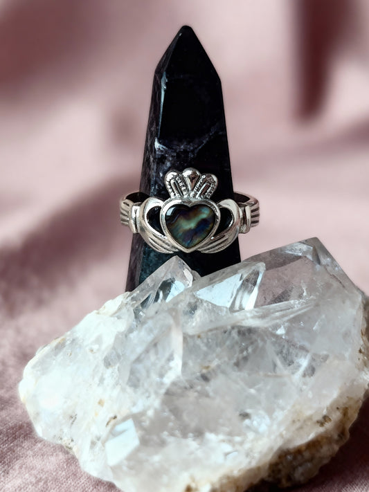 Sterling Silver Abalone Claddagh Ring