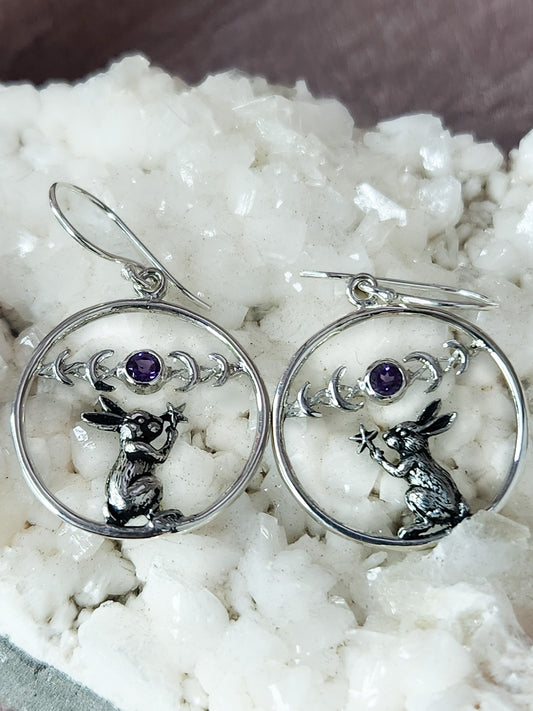 Sterling Silver Amethyst Moon Phase Hoop Earrings