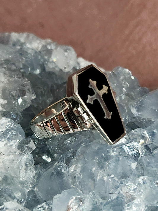 Sterling Silver Cross Casket Poison Ring