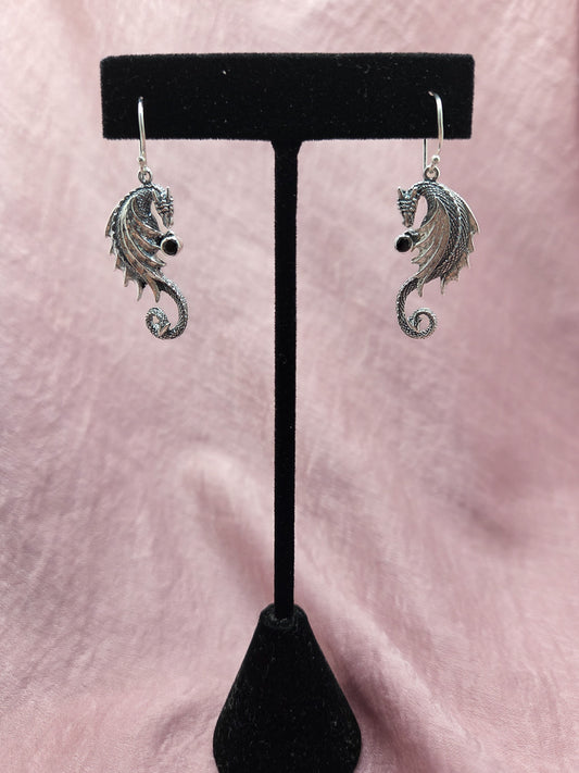 Sterling Silver Dragon with Black Onyx Earrings