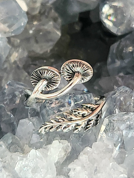 Sterling Silver Mushroom and Fern Bypass Ring