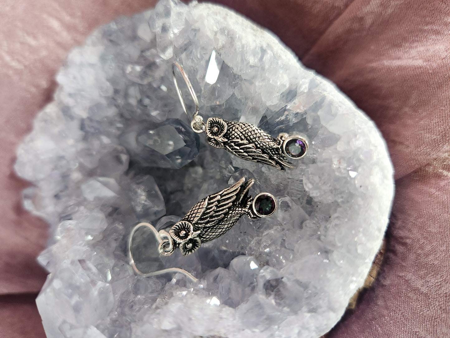 Sterling Silver Mystic Topaz Owl Earrings