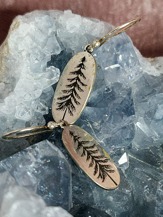 Sterling Silver Oval Pine Tree Dangle Earrings 34x10mm
