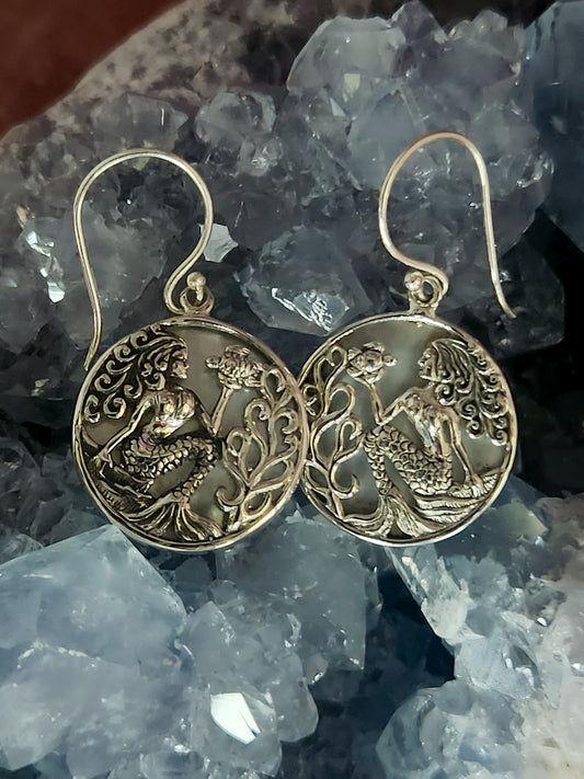 Sterling Silver Purple Abalone Mermaid w/ Sea Turtle Earrings