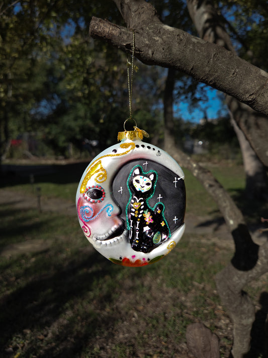 Sugar Skull Cat On Moon Ornament