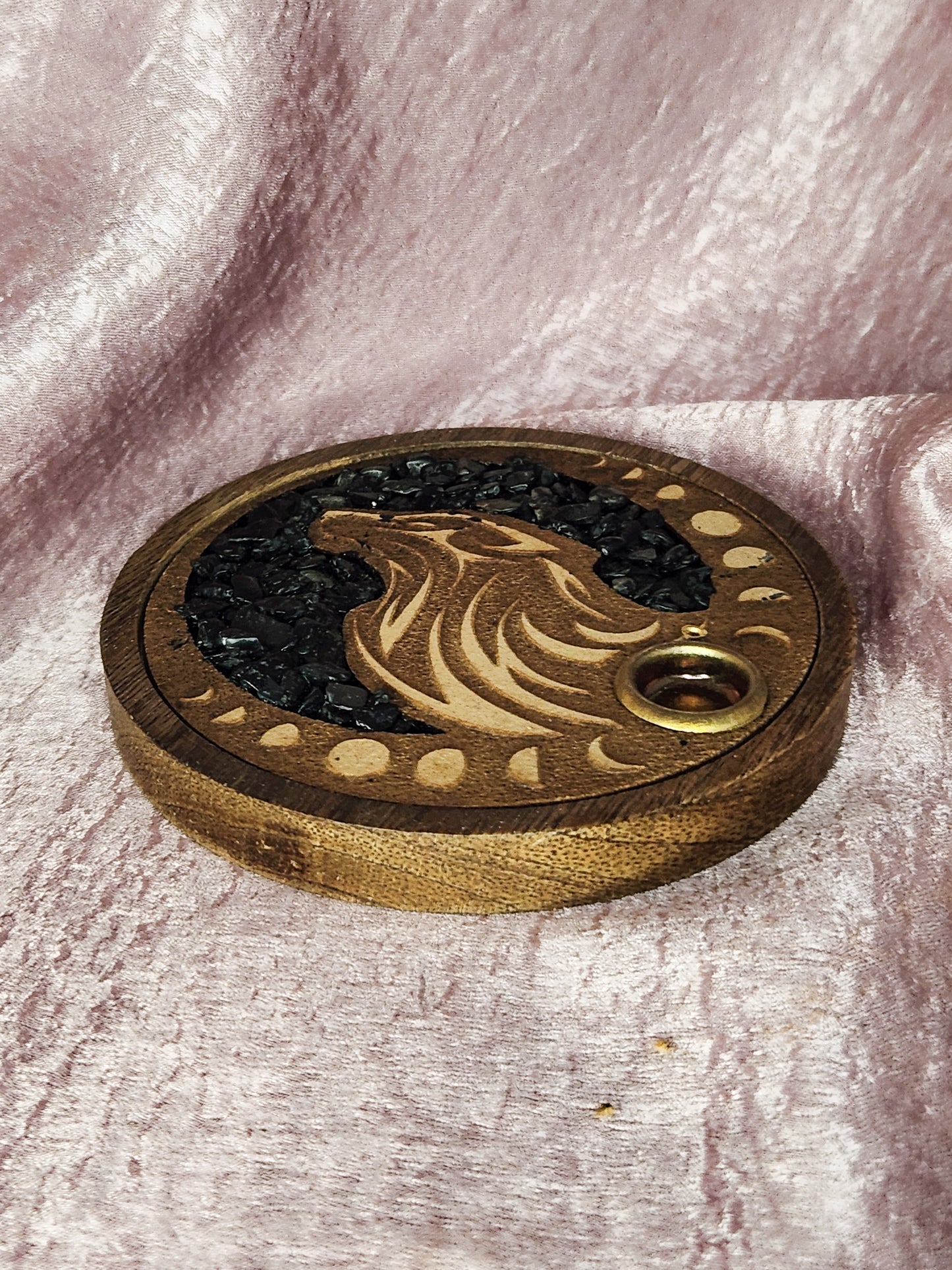 Wood Round Wolf Incense Holder