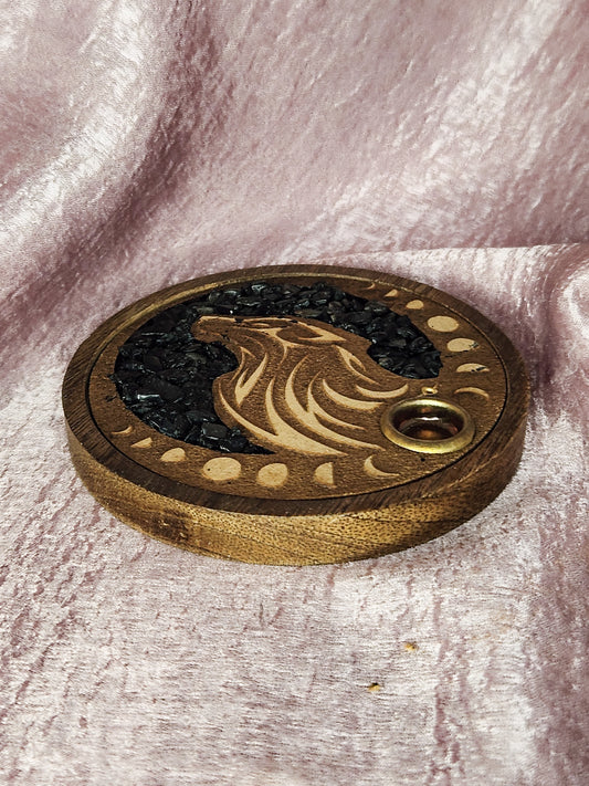 Wood Round Wolf Incense Holder