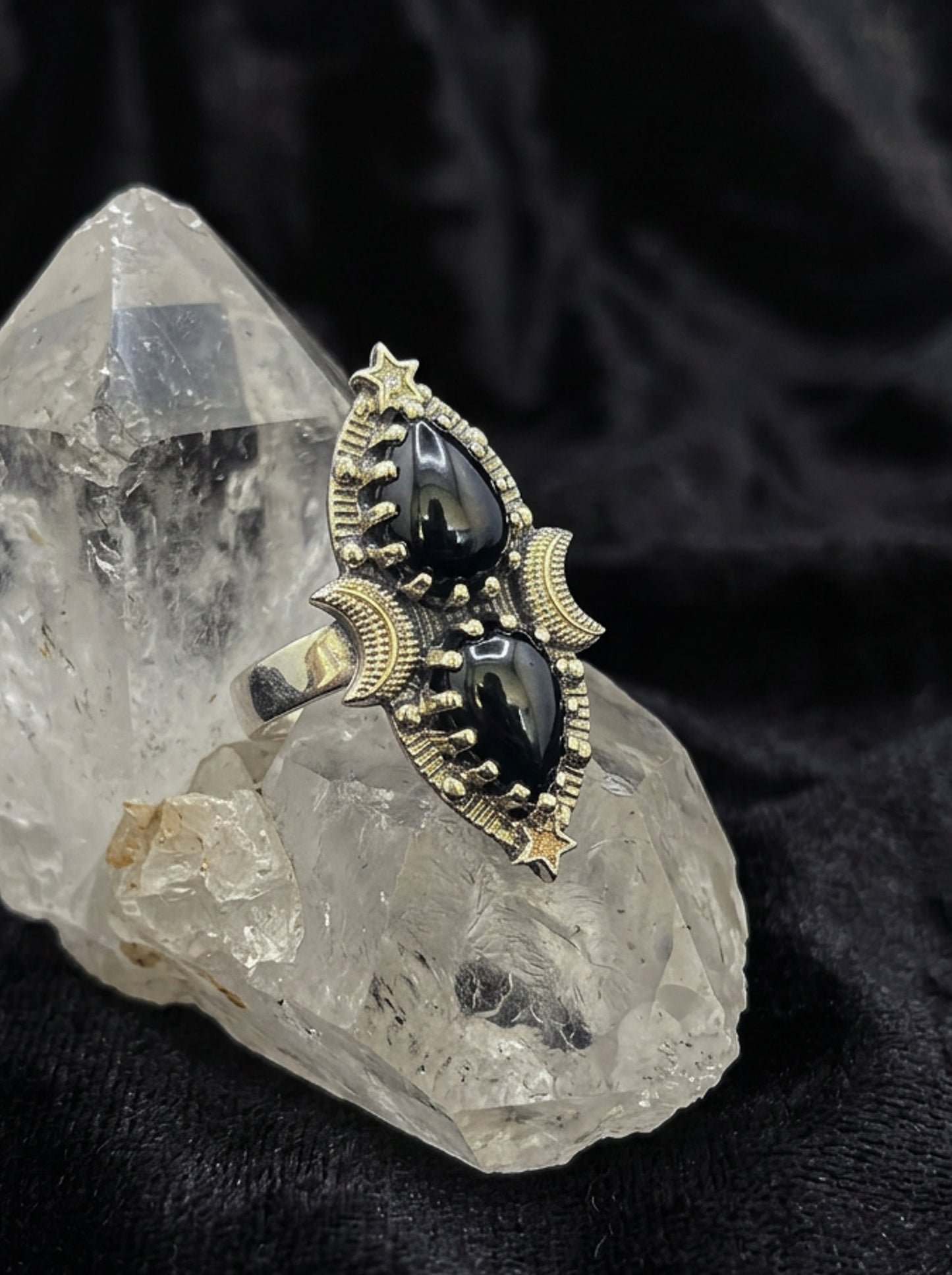 Black Onyx Double Moon Ring