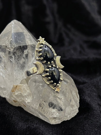 Black Onyx Double Moon Ring