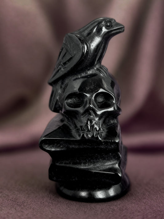 Black Obsidian Crow Skull on Books